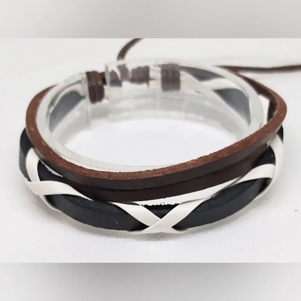 Men's bracelet leather braided layered brown new e86